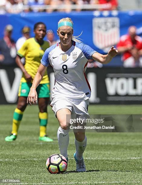 Julie Johnston of the United States controls the ball against South Africa during a friendly match at Soldier Field on July 9, 2016 in Chicago,...