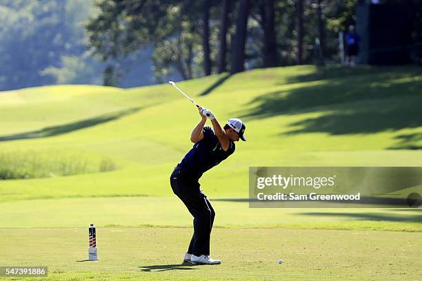 Luke Guthrie hits off the eighth tee during the first round of the Barbasol Championship at the Robert Trent Jones Golf Trail at Grand National on...