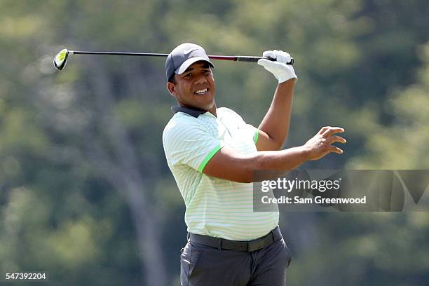 Jhonattan Vegas of Venezuela hits off the ninth tee during the first round of the Barbasol Championship at the Robert Trent Jones Golf Trail at Grand...