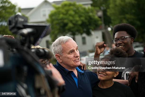 Governor Mark Dayton of Minnesota arrives at a meal outside J.J. Hill Montessori School on July 14, 2016 in St. Paul, Minnesota. The meal was...