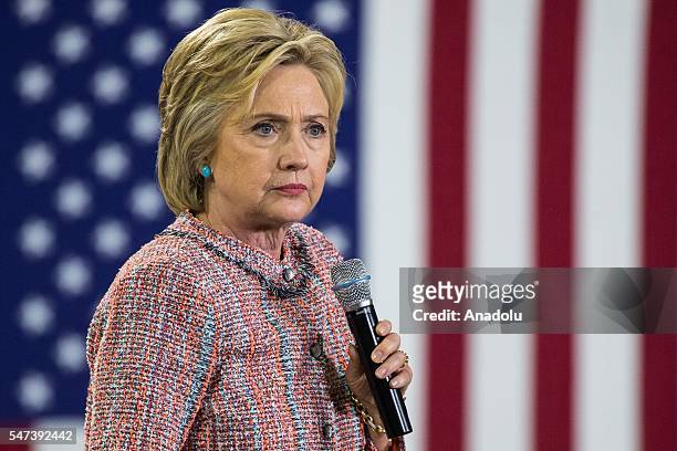 Democratic presidential candidate Hillary Clinton delivers a speech during a campaign rally at Northern Community College in Annandale, Washington,...