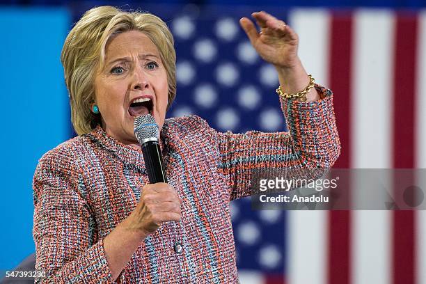 Democratic presidential candidate Hillary Clinton delivers a speech during a campaign rally at Northern Community College in Annandale, Washington,...