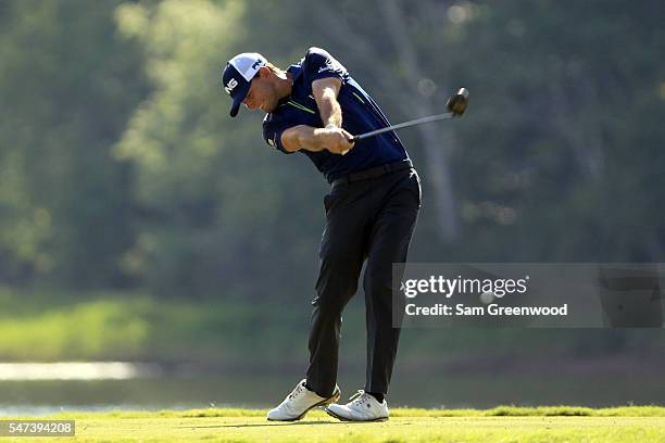 Luke Guthrie hits off the ninth tee during the first round of the Barbasol Championship at the Robert Trent Jones Golf Trail at Grand National on...