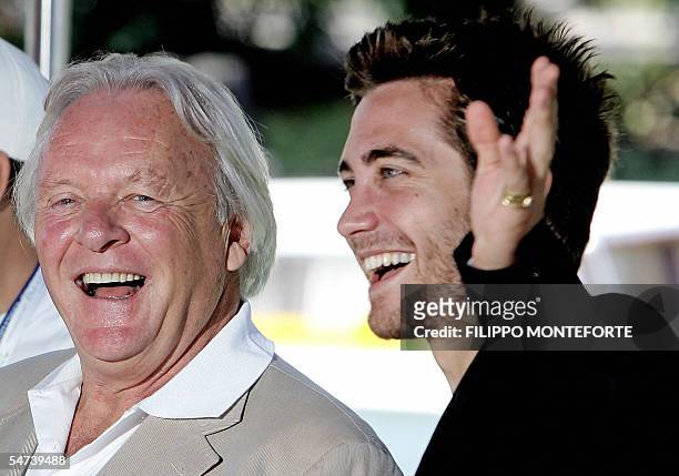 Actors Anthony Hopkins of Great Britain and Jake Gyllenhaal of USA arrive to the dock of Excelsior hotel prior a photocall of Proof, 05 september...