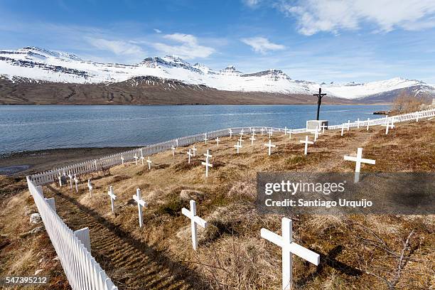 french graveyard in faskrudsfjordur - summit view cemetery stock pictures, royalty-free photos & images