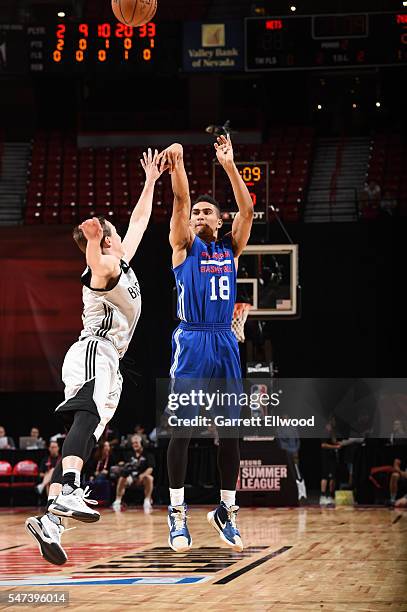 Maodo Lo of the Philadelphia 76ers shoots the ball against the Brooklyn Nets during the 2016 NBA Las Vegas Summer League game on July 14, 2016 at the...