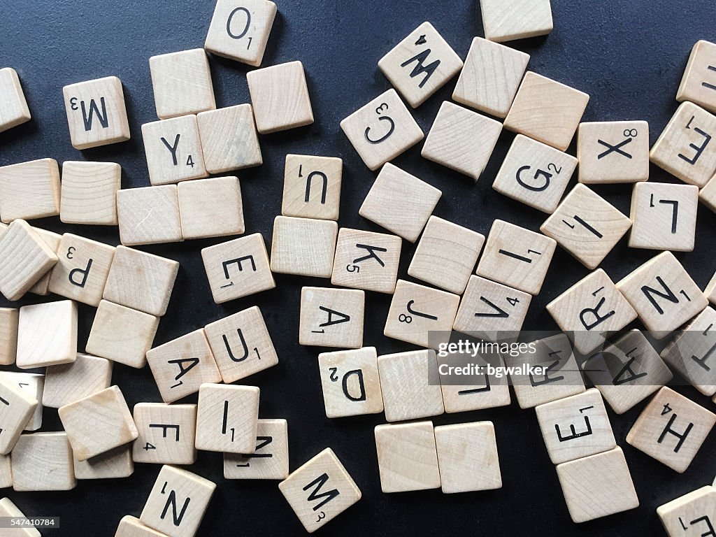 Old Scrabble Tile Letters in Abstract Pile