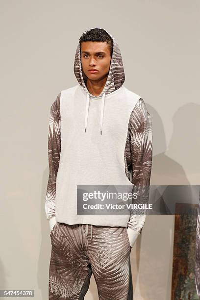 Model poses at the Garciavelez presentation during New York Fashion Week: Men's S/S 2017 on July 12, 2016 in New York City.