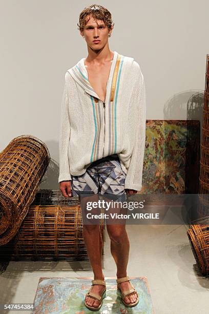 Model poses at the Garciavelez presentation during New York Fashion Week: Men's S/S 2017 on July 12, 2016 in New York City.