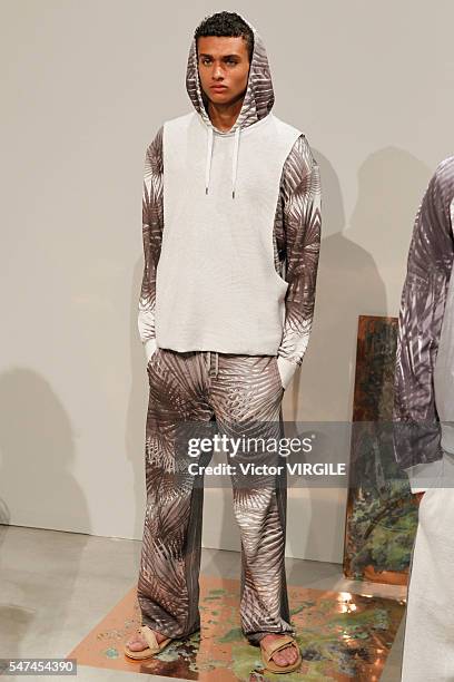 Model poses at the Garciavelez presentation during New York Fashion Week: Men's S/S 2017 on July 12, 2016 in New York City.