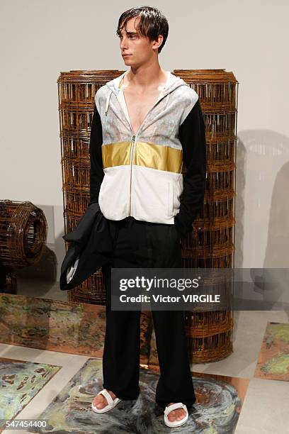 Model poses at the Garciavelez presentation during New York Fashion Week: Men's S/S 2017 on July 12, 2016 in New York City.