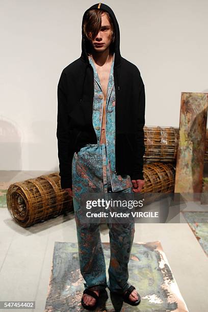 Model poses at the Garciavelez presentation during New York Fashion Week: Men's S/S 2017 on July 12, 2016 in New York City.