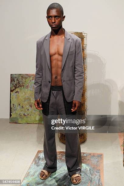 Model poses at the Garciavelez presentation during New York Fashion Week: Men's S/S 2017 on July 12, 2016 in New York City.