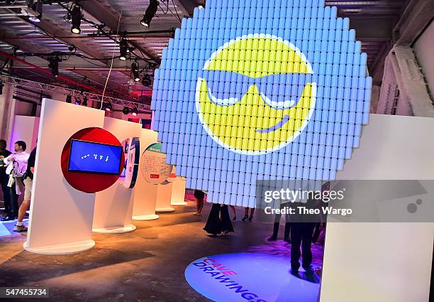 Emojis are seen at the opening party and celebration of LOVE: From Cave to Keyboard, Imagined by Pepsi at 433 Broadway on July 14, 2016 in New York...