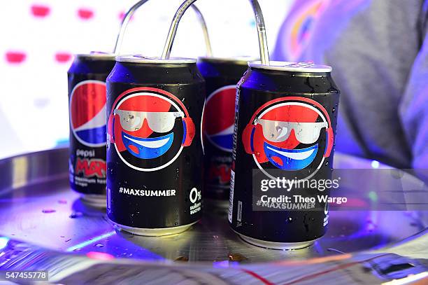 Pepsi products area seen at the opening party and celebration of LOVE: From Cave to Keyboard, Imagined by Pepsi at 433 Broadway on July 14, 2016 in...
