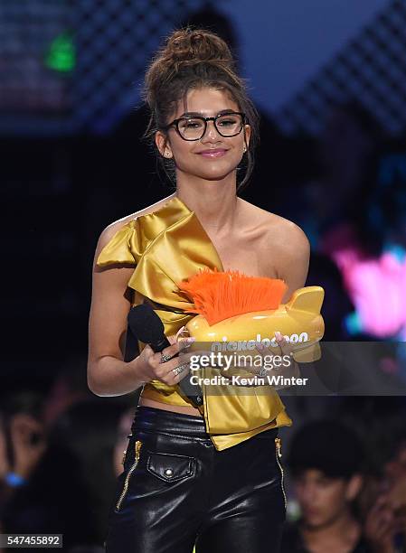 Actress Zendaya speaks onstage during the Nickelodeon Kids' Choice Sports Awards 2016 at UCLA's Pauley Pavilion on July 14, 2016 in Westwood,...