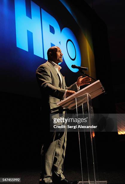 Dwayne Johnson speaks during the HBO Ballers Season 2 Red Carpet Premiere and Reception on July 14, 2016 at New World Symphony in Miami Beach,...