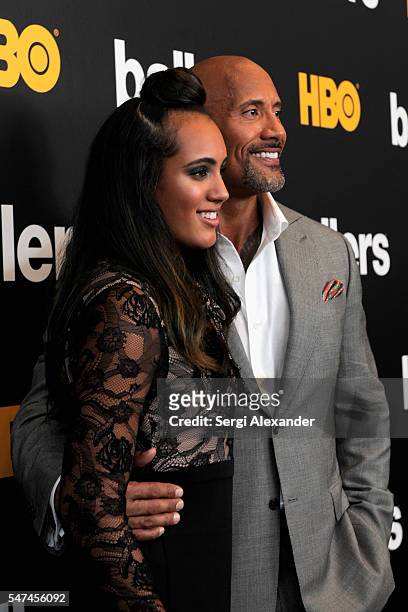 Jasmine Johnson and Dwayne Johnson attend the HBO Ballers Season 2 Red Carpet Premiere and Reception on July 14, 2016 at New World Symphony in Miami...