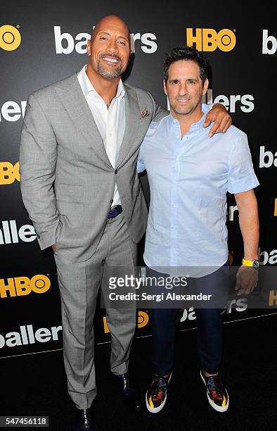 Dwayne Johnson and Stephen Levinson attend the HBO Ballers Season 2 Red Carpet Premiere and Reception on July 14, 2016 at New World Symphony in Miami...