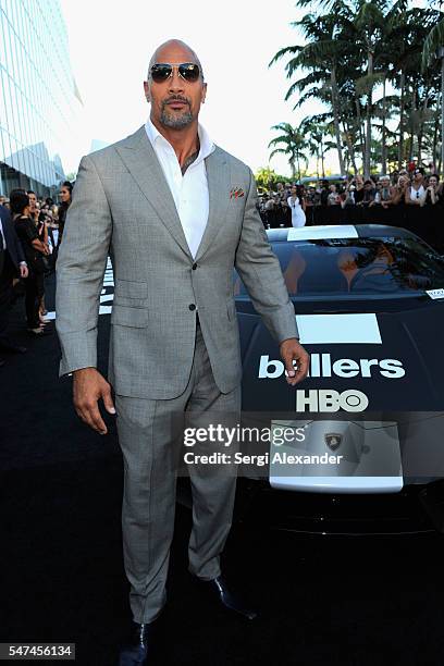 Dwayne Johnson attends the HBO Ballers Season 2 Red Carpet Premiere and Reception on July 14, 2016 at New World Symphony in Miami Beach, Florida.