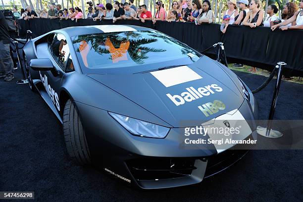 Ballers personalized Lamborghini on display at the HBO Ballers Season 2 Red Carpet Premiere and Reception on July 14, 2016 at New World Symphony in...
