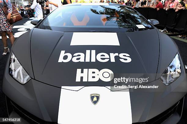 Ballers personalized Lamborghini on display at the HBO Ballers Season 2 Red Carpet Premiere and Reception on July 14, 2016 at New World Symphony in...