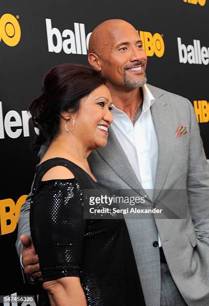 Ata Johnson and Dwayne Johnson attend the HBO Ballers Season 2 Red Carpet Premiere and Reception on July 14, 2016 at New World Symphony in Miami...