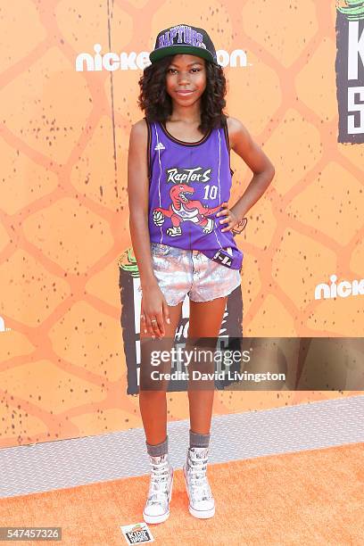 Actress Riele Downs arrives at the Nickelodeon Kids' Choice Sports Awards 2016 at the UCLA's Pauley Pavilion on July 14, 2016 in Westwood, California.