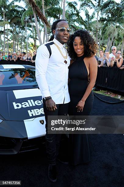 Rapper Ace Hood and Shelah Marie attend the HBO Ballers Season 2 Red Carpet Premiere and Reception on July 14, 2016 at New World Symphony in Miami...