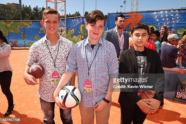 Triple Shot Challange participants Jake Lombardo, Oliver Callanan, Reynaldo Fernandez attend the Nickelodeon Kids' Choice Sports Awards 2016 at...