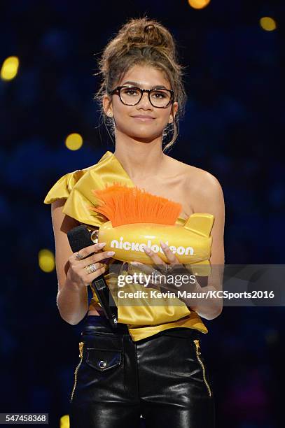 Actress Zendaya speaks onstage during the Nickelodeon Kids' Choice Sports Awards 2016 at UCLA's Pauley Pavilion on July 14, 2016 in Westwood,...