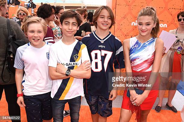 Actors Casey Simpson, Aidan Gallagher, Mace Coronel and Lizzy Greene attend the Nickelodeon Kids' Choice Sports Awards 2016 at UCLA's Pauley Pavilion...