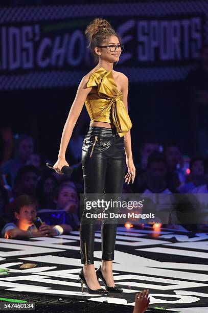 Actress Zendaya speaks onstage during the Nickelodeon Kids' Choice Sports Awards 2016 at UCLA's Pauley Pavilion on July 14, 2016 in Westwood,...