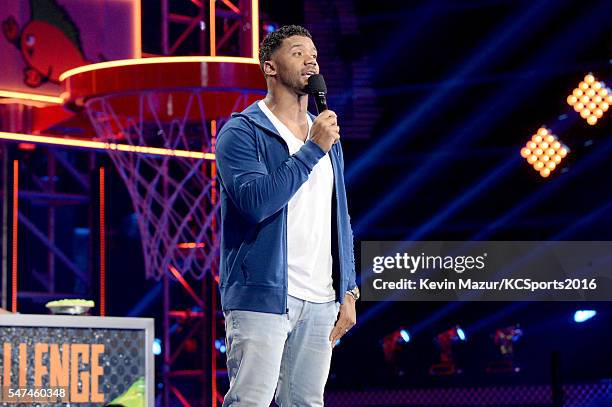 Host Russell Wilson speaks onstage during the Nickelodeon Kids' Choice Sports Awards 2016 at UCLA's Pauley Pavilion on July 14, 2016 in Westwood,...