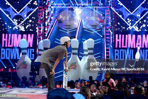 Skateboarder Jagger Eaton skates onstage during the Nickelodeon Kids' Choice Sports Awards 2016 at UCLA's Pauley Pavilion on July 14, 2016 in...