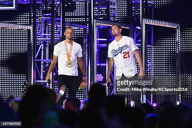 Players Stephen Curry and Klay Thompson speak onstage during the Nickelodeon Kids' Choice Sports Awards 2016 at UCLA's Pauley Pavilion on July 14,...