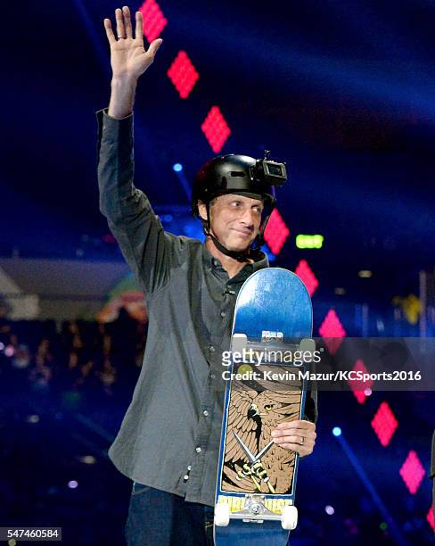 Pro skateboarder Tony Hawk skates onstage during the Nickelodeon Kids' Choice Sports Awards 2016 at UCLA's Pauley Pavilion on July 14, 2016 in...