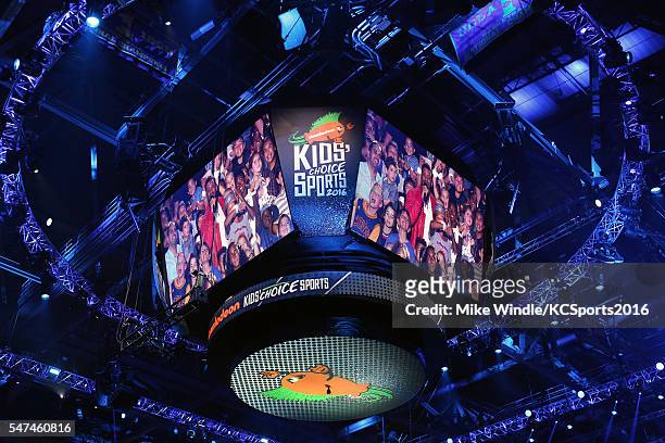 An image of host Russell Wilson and fans appears on the videoboard at the Nickelodeon Kids' Choice Sports Awards 2016 at UCLA's Pauley Pavilion on...
