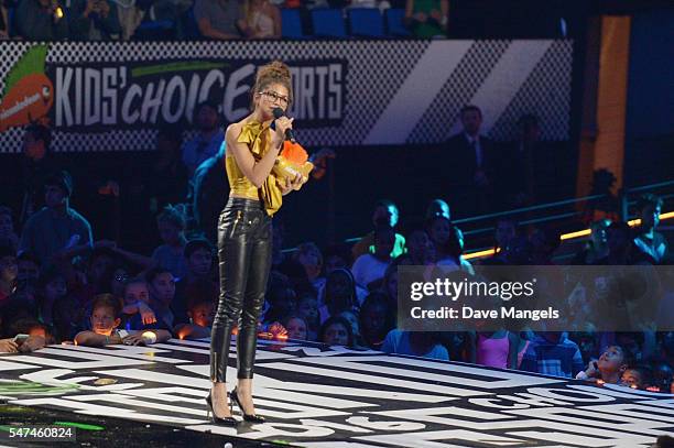 Actress Zendaya speaks onstage during the Nickelodeon Kids' Choice Sports Awards 2016 at UCLA's Pauley Pavilion on July 14, 2016 in Westwood,...