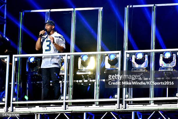 Host Russell Wilson speaks onstage during the Nickelodeon Kids' Choice Sports Awards 2016 at UCLA's Pauley Pavilion on July 14, 2016 in Westwood,...