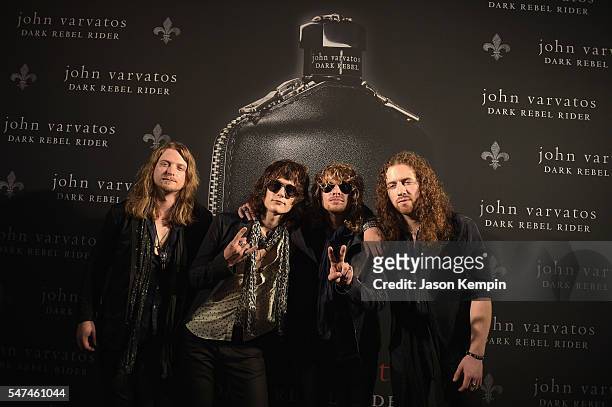 Musicians Noah Denney, Tyler Bryant, Caleb Crosby, and Graham Whitford of Tyler Bryant & The Shakedown attend the John Varvatos Spring/Summer 2017...