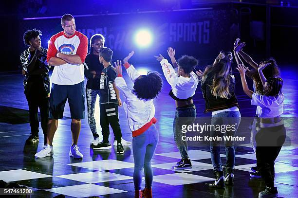 Player Rob Gronkowski dances onstage during the Nickelodeon Kids' Choice Sports Awards 2016 at UCLA's Pauley Pavilion on July 14, 2016 in Westwood,...