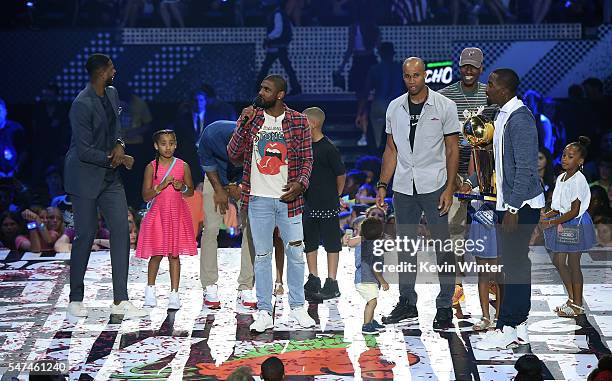 Players Tristan Thompson, Dahntay Jones, Kyrie Irving, Richard Jefferson, Iman Shumpert , and J. R. Smith speak onstage during the Nickelodeon Kids'...