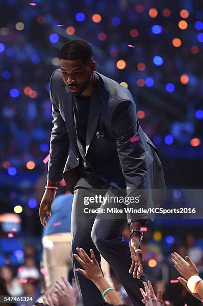 Player Tristan Thompson greets fans onstage during the Nickelodeon Kids' Choice Sports Awards 2016 at UCLA's Pauley Pavilion on July 14, 2016 in...