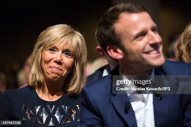 Brigitte Trogneux accompanies her husband Emmanuel Macron, French Minister of Economy holding the first meeting of his political movement titled 'En...