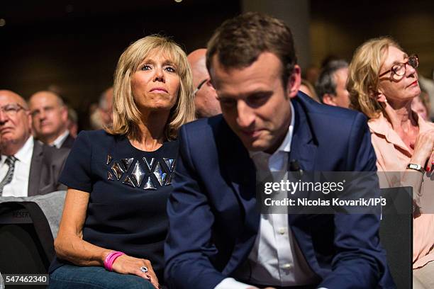 Brigitte Trogneux accompanies her husband Emmanuel Macron, French Minister of Economy holding the first meeting of his political movement titled 'En...