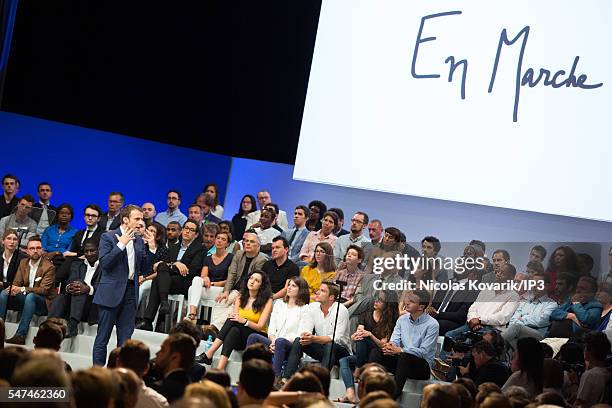 French Minister of Economy, Emmanuel Macron holds the first meeting of his political movement titled 'En Marche!' in front of 3000 partisans at the...