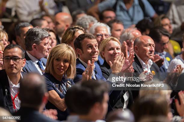 Brigitte Trogneux accompanies her husband Emmanuel Macron, French Minister of Economy holding the first meeting of his political movement titled 'En...
