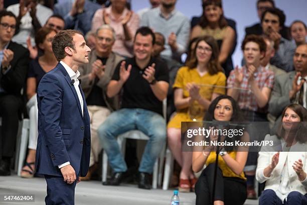 French Minister of Economy, Emmanuel Macron holds the first meeting of his political movement titled 'En Marche!' in front of 3000 partisans at the...