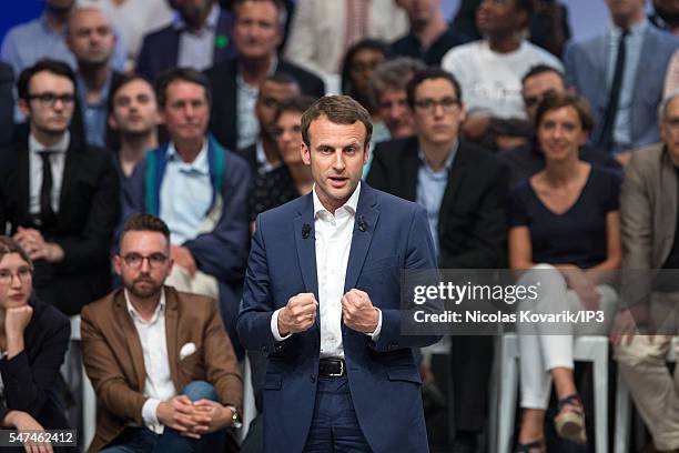 French Minister of Economy, Emmanuel Macron holds the first meeting of his political movement titled 'En Marche!' in front of 3000 partisans at the...